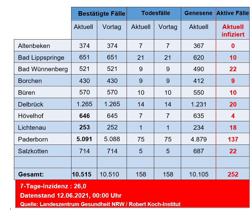 Grafiktabelle der bestätigten Fälle, der Todesfälle, der Genesenen und der aktiven Fälle eingeteilt in Städten und Gemeinden des Kreises Paderborn © Kreis Paderborn